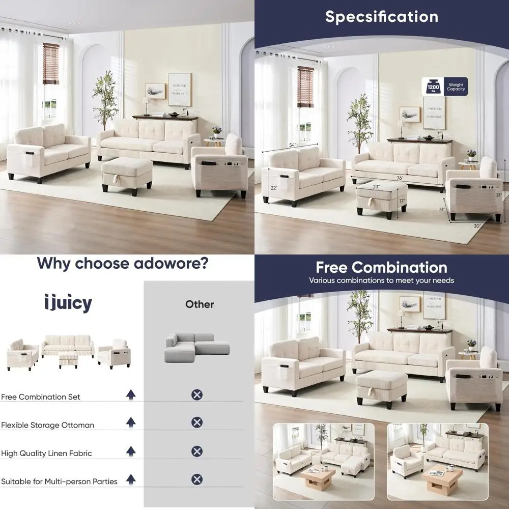 

Современный 6-местный секционный диван с подвижным пуфиком для хранения вещей и боковыми карманами, идеально подходит для современных гостиных