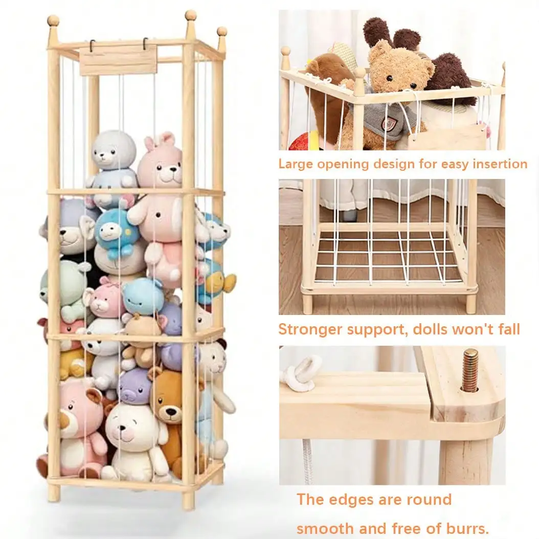 Stuffed Animal Storage Rack, Solid Pine Wood Stuffed Toy Organizer, Large-Capacity Elastic Cord Animal-Shaped Plush Toy Storage Rack, Space-Saving Toy Storage Essential, Suitable For Playrooms, Bedrooms, Living Rooms And Corners