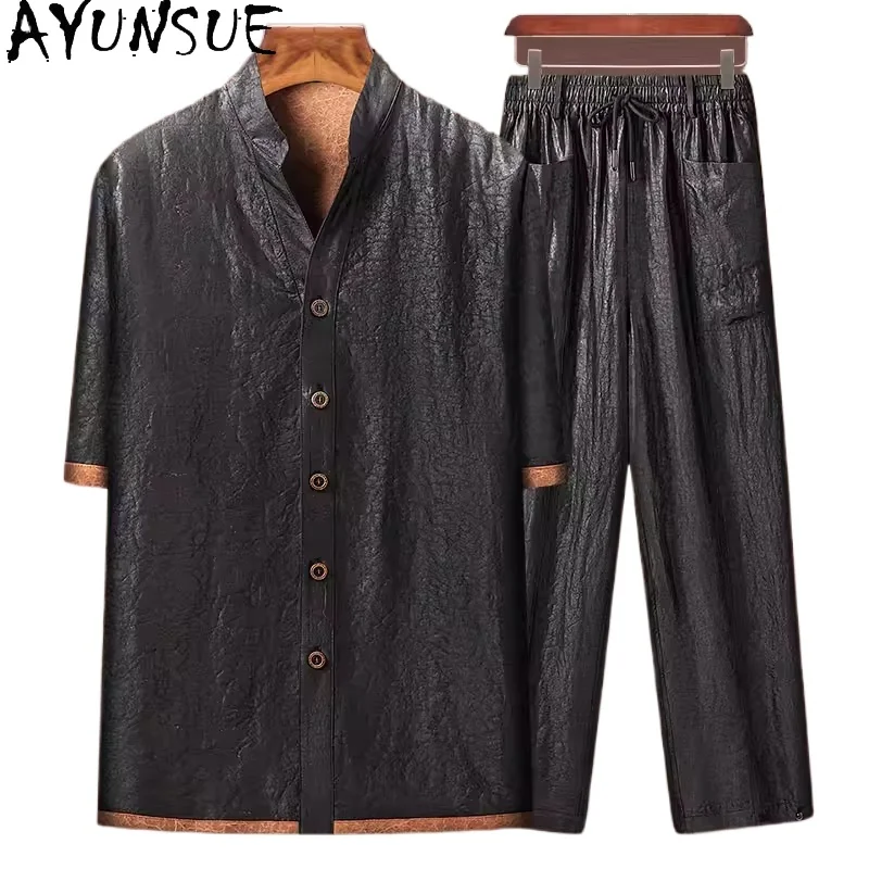AYUNSUE Luxury 100%Real Mulberry Silk Shirt for Men Summer Outfits Black Pants Reversible Watered Gauze Shirts Two Piece Set Man