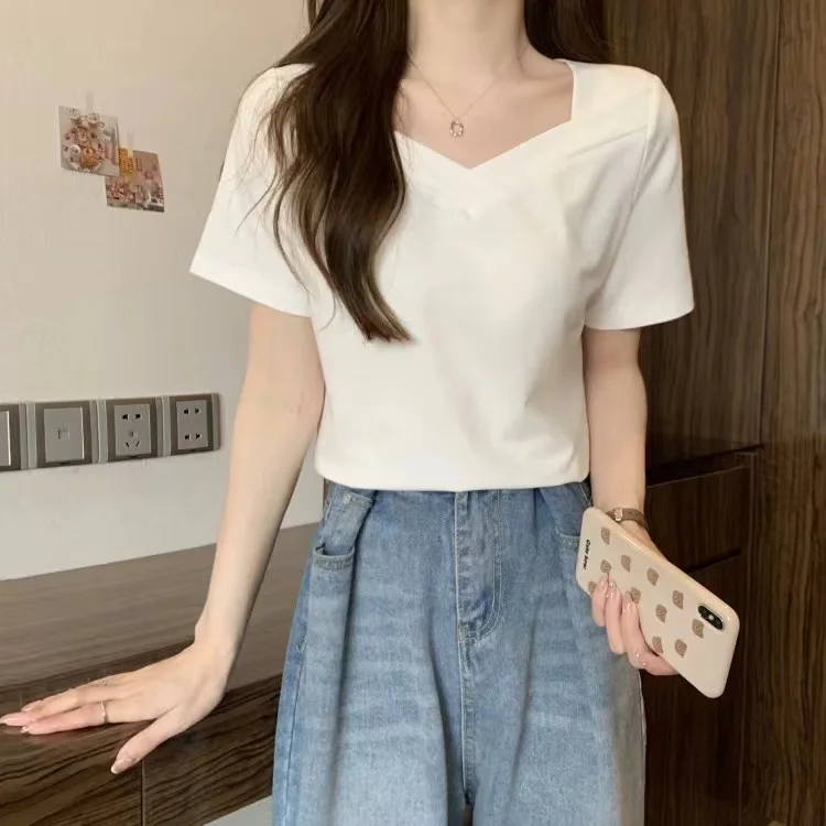 V-neck Loose Casual T-shirt Women Slim Kpop Y2K Tee Shirt Femme Sexy Vintage Summer Tshirts Woman Black Casual Clothes Tops image 6
