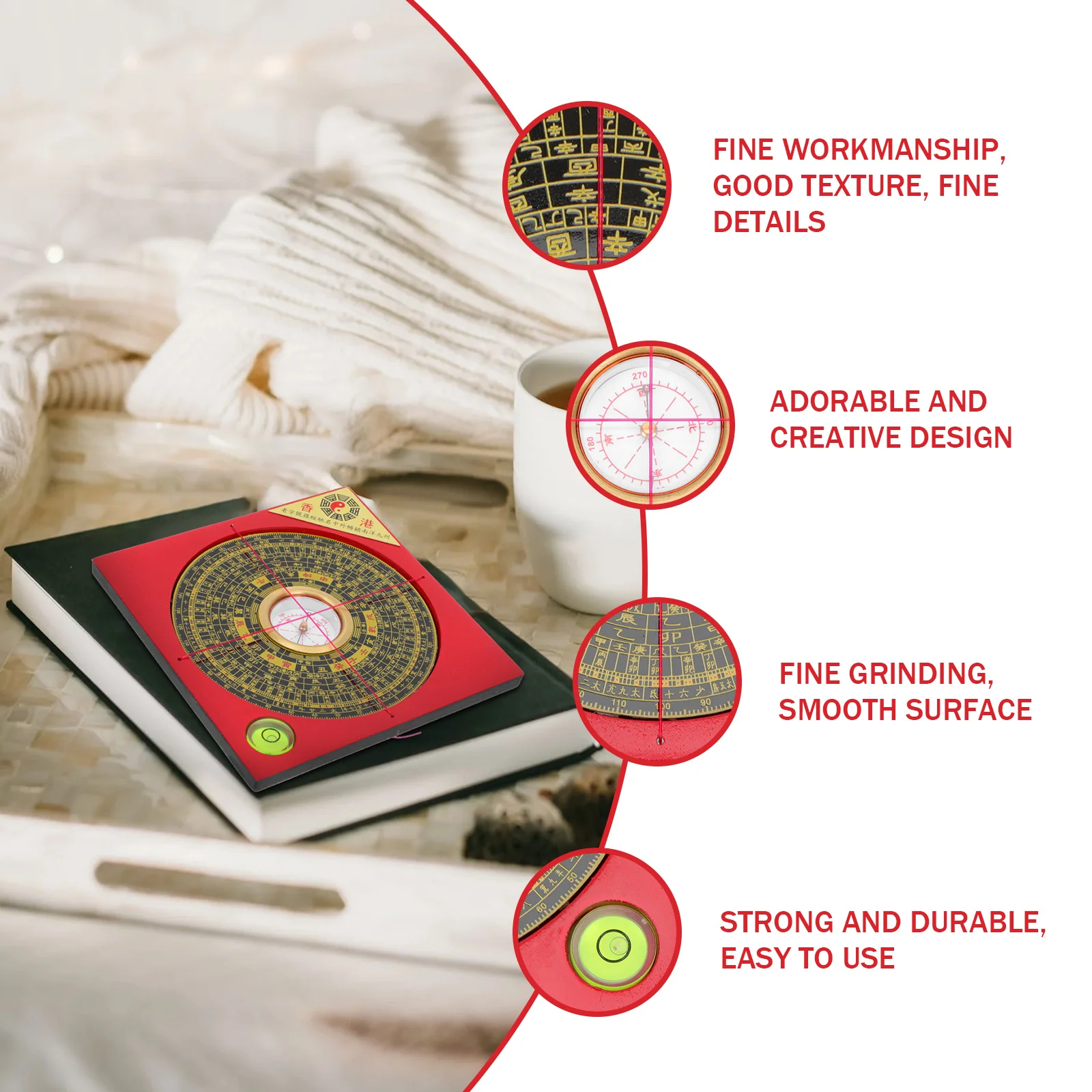 

Chinese Style Feng Shui Pan Compass Copper Craft Decorative Desktop Ornament for Home Office Outdoor Camping