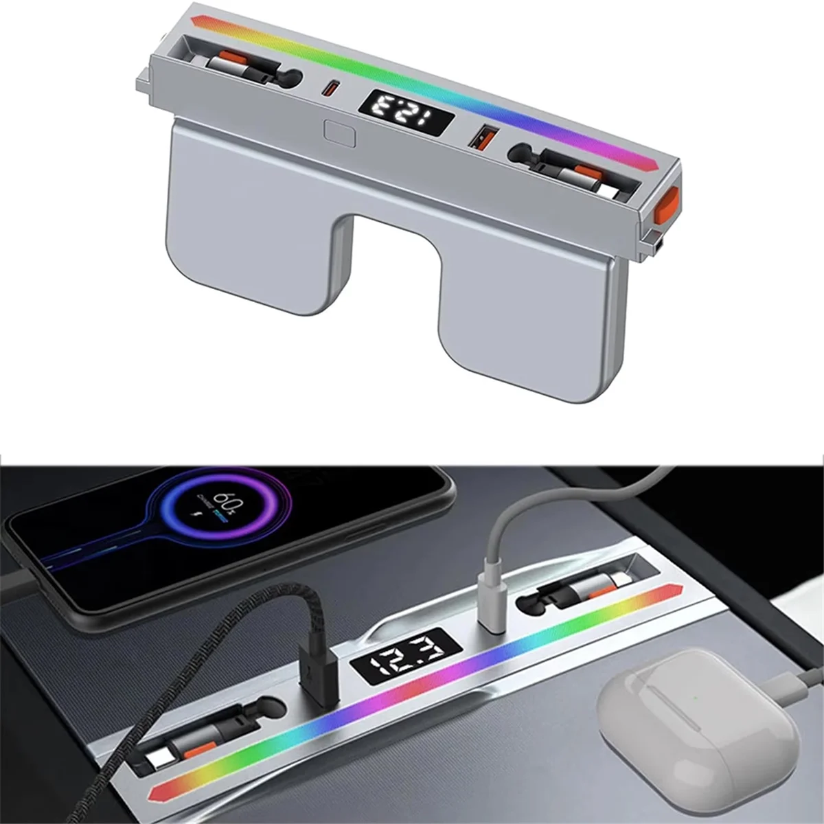 Док-станция BISMZ USB-концентратор с радужной подсветкой, 4 порта, выдвижной Light-Ning и Type-C, быстрая зарядка для Tesla Model 3