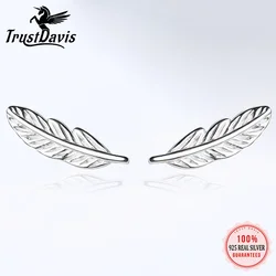 TrustDavis Real 925 Sterling Silver Earring Fashion Sweet Feather Charm Stud Earrings For Women Mother's Day Jewelry Gift DS90