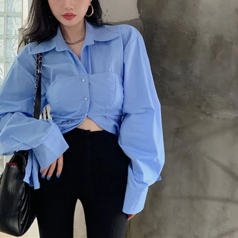 2023 New Spring and Autumn Fashion Solid Color Wrapped Chest Fake Two Piece Shirts Temperament Casual and Unique Women\'s Top