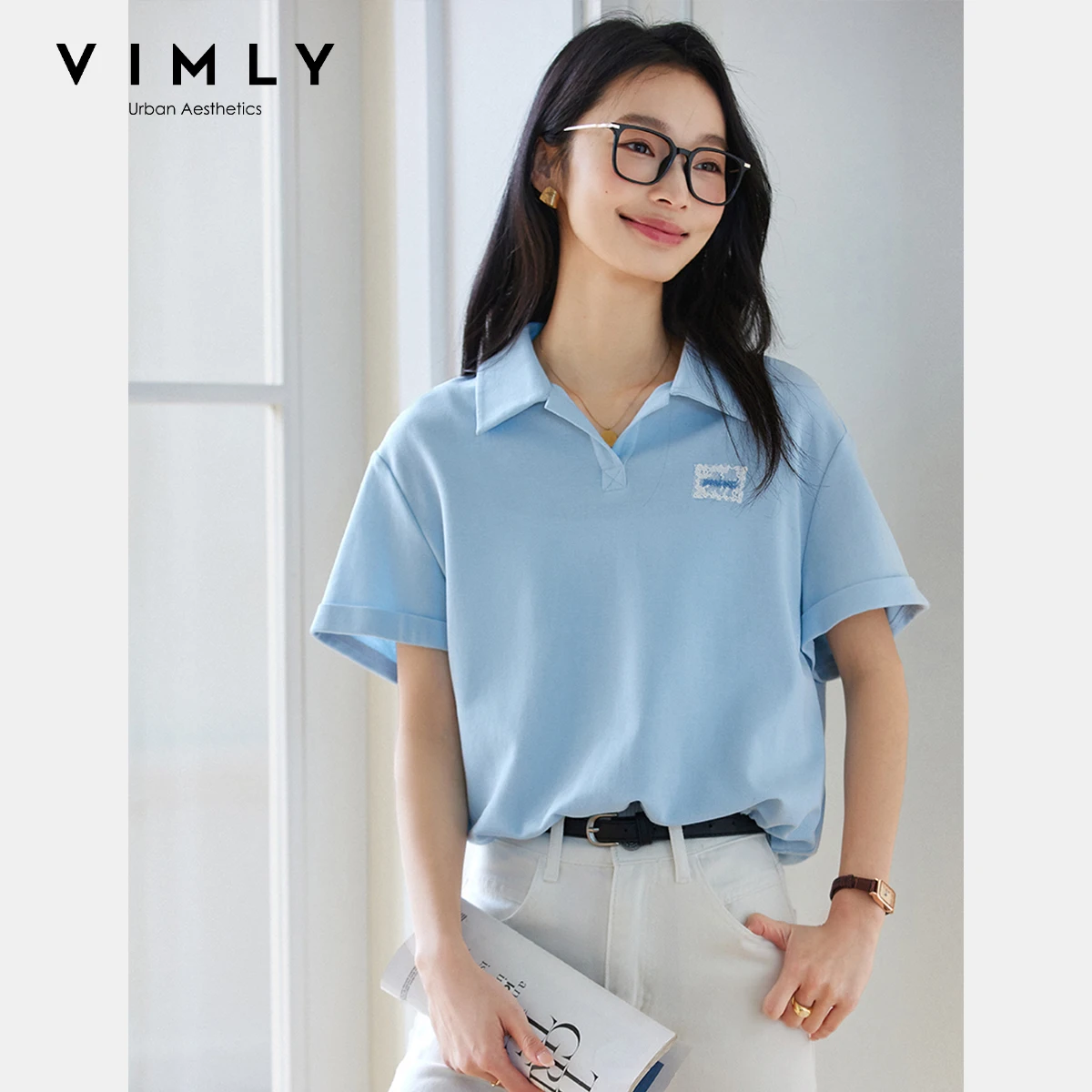 

VIMLY Summer Polo T Shirts Woman Simple Short-sleeve T-shirt Women Summer 2025 Lace Embroidery Drawstring Short Top Lady A1571