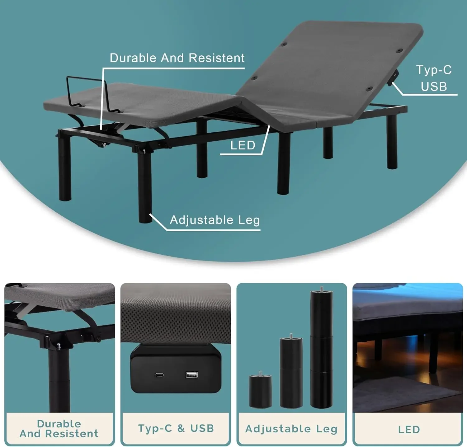 Electric Adjustable Bed Frame Bed Base, Zero Gravity,USB Type C Charging- Head and Foot Incline,Under Bed Lighting,Easy