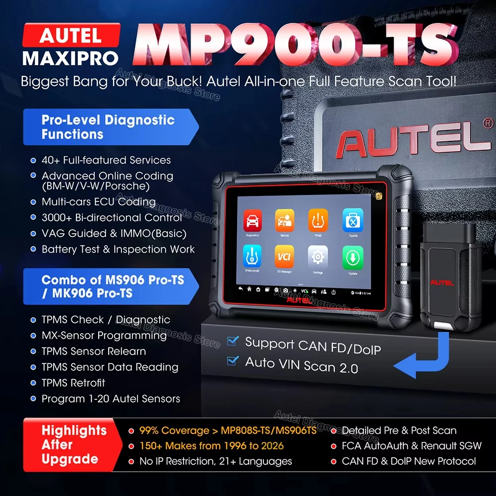 Autel MaxiPRO MP900-TS Auto TPMS Diagnostic Tools Car OBD2 Scanner Programming ECU Coding Active Test CAN FD/DoIP PK MP808BT