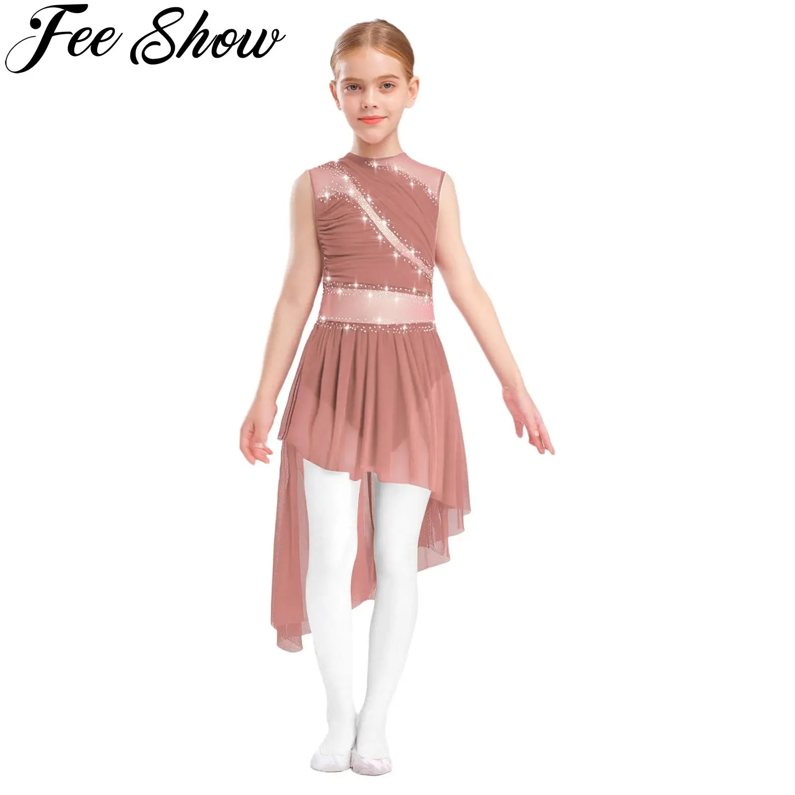 

Kids Girls Modern Lyrical Dance Dress Shiny Rhinestone Sheer Mesh Leotard Ballet Gymnastic Figure Skating Contemporary Dancewear