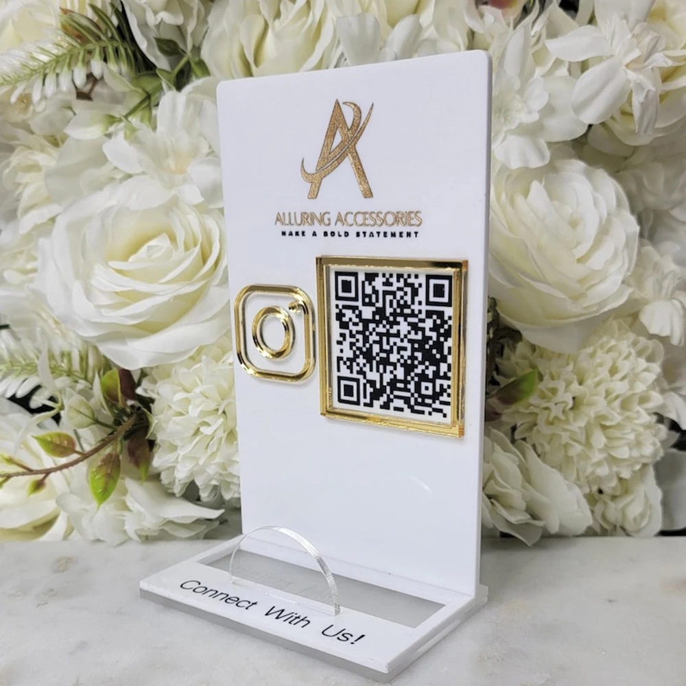 لافتة رمز الاستجابة السريعة من الأكريليك للأعمال Instagram Facebook Social Media Salon Beauty Use حامل بطاقة متضمن لوحة زخرفية شفافة