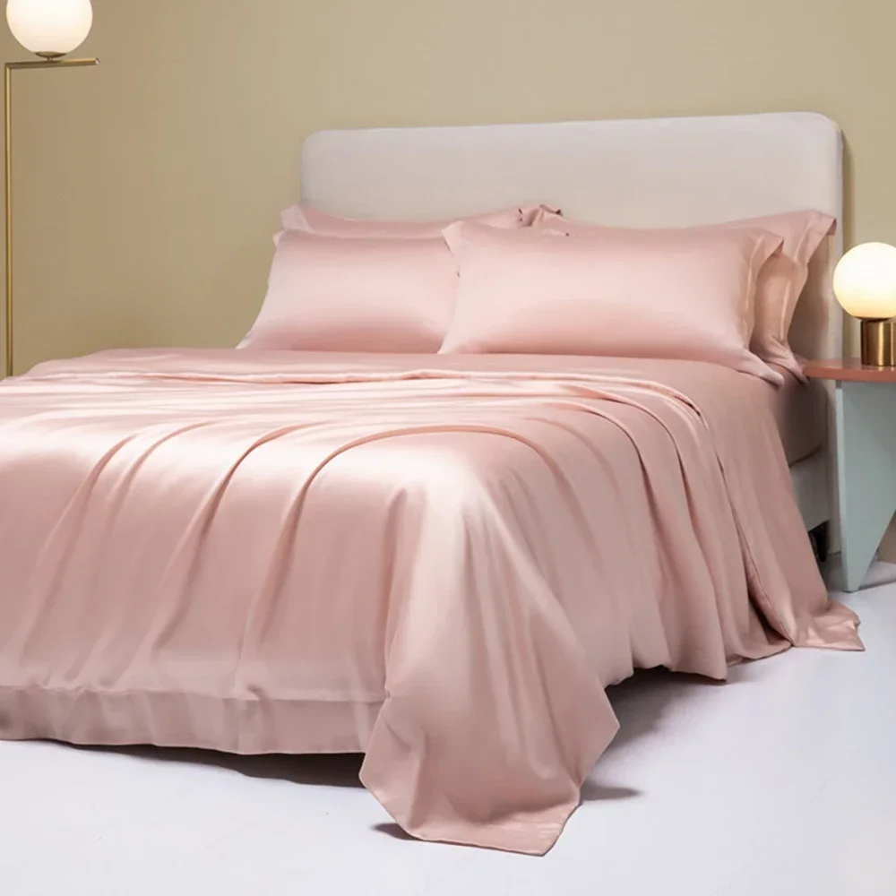 Lofuka Summer Pink 100% Pure Silk Bedding Set Beauty Healthy Double Queen King Quilt Cover Flat Sheet Pillowcase For Deep Sleep