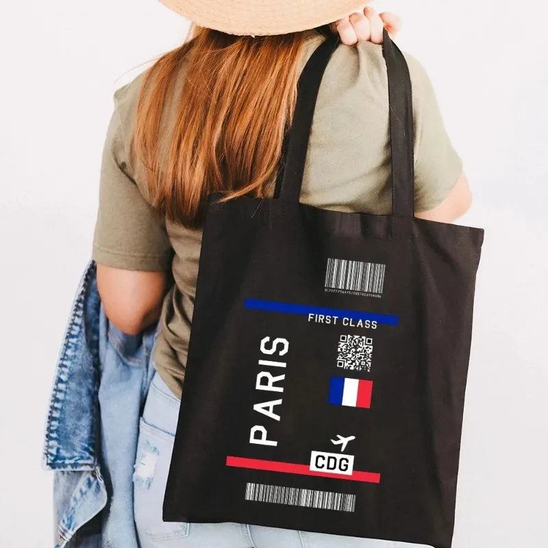 

Paris New York Shoulder Bag London Flight Ticket First Class Women Canvas Black Handbags Totes Eco Reusable Cotton Shopping Bags