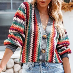 Women's Multicolor Ugly Christmas Sweater Tops Colorful Knitted Cardigan Sweater Casual Versatile Stripes7259