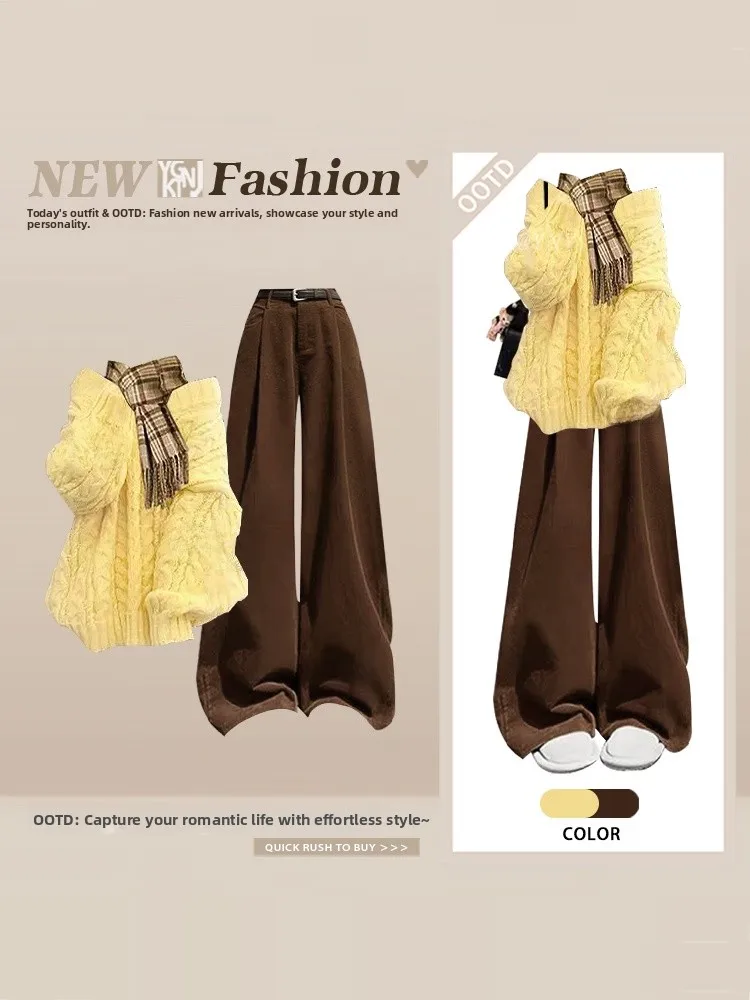 

Korean Sle Anti-Aging Winter Knitted Sweater High Waist Coffee Color Casual Pants Women's Faion Set Fre And Young