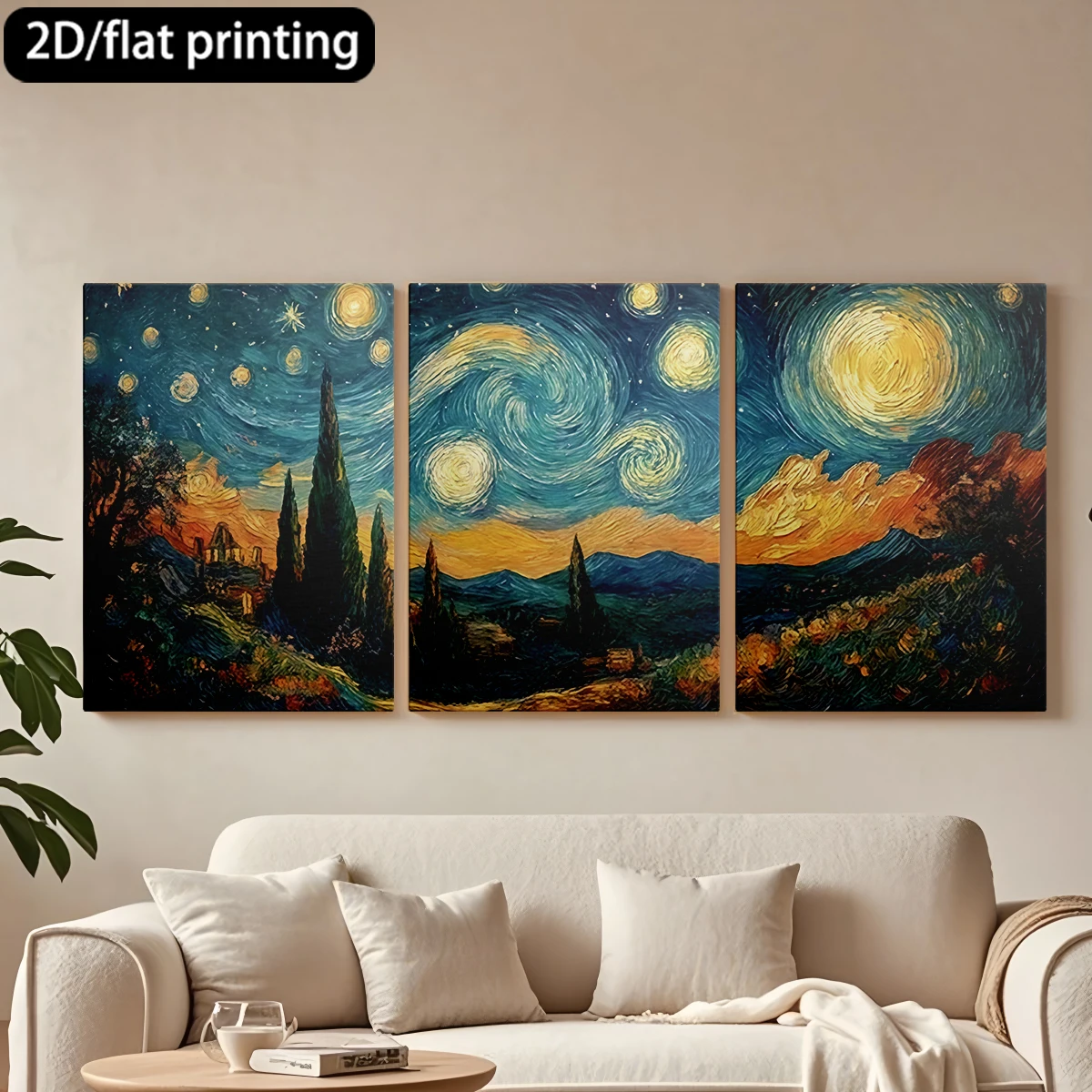 

2D плоская печать, 3-х частная картина на холсте в деревянной раме, декоративная живопись «Звездная ночь», вневременное шедевральное произведение. Декор для коридора и спальни.