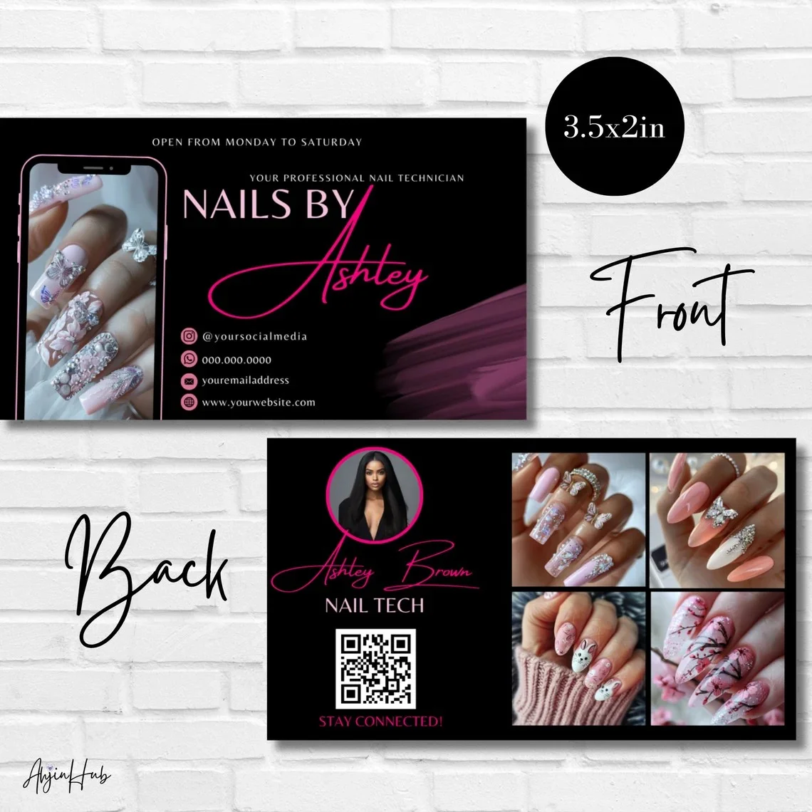 Custom Gold Nail Tech Business Card Instagram photo Card with QR Code DIY Discount Card for Customer Reward Pink Credit Card Log