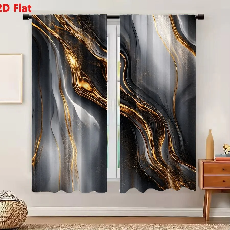 2Pcs Curtains 2D Flat Abstract Fluid Design Featuring Swirling Metallic Gold Patterns Against Soft Gray And Deep Black Tones Wit