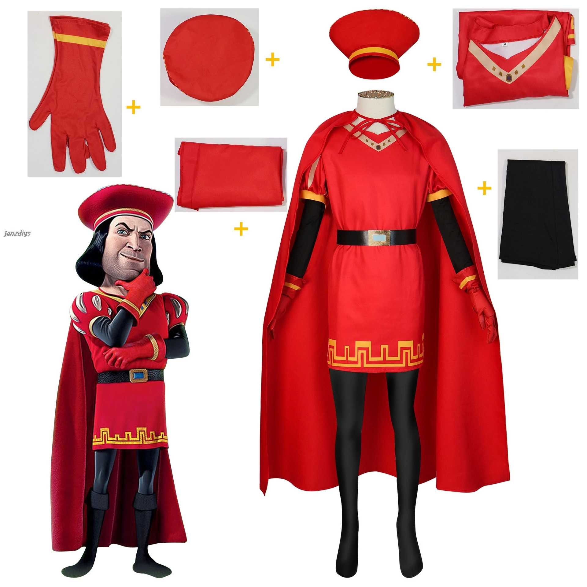 Lord farquaad ชุดคอสเพลย์อนิเมะเครื่องแบบเสื้อคลุมหมวกถุงมือชุดปาร์ตี้สีแดงฮาโลวีนยุคกลางสำหรับเด็กผู้หญิงผู้ชาย