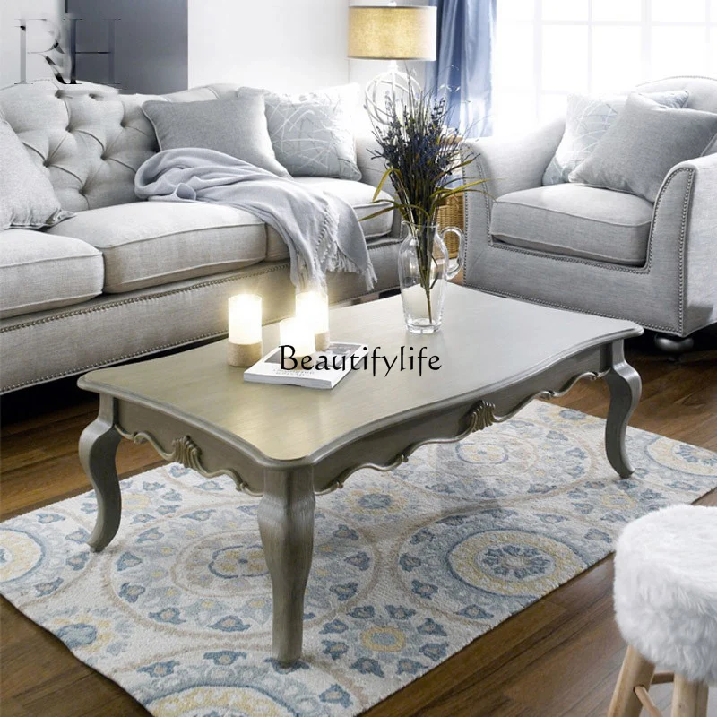 

American country solid wood carving flower coffee table European living room coffee table rectangular tea table