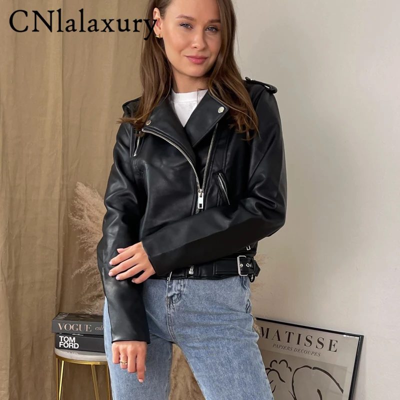 2023 New Spring Autumn Women Black Faux Leather Jacket Casual Zipper With Belt Biker Coat Female Casual Solid Short Outwear