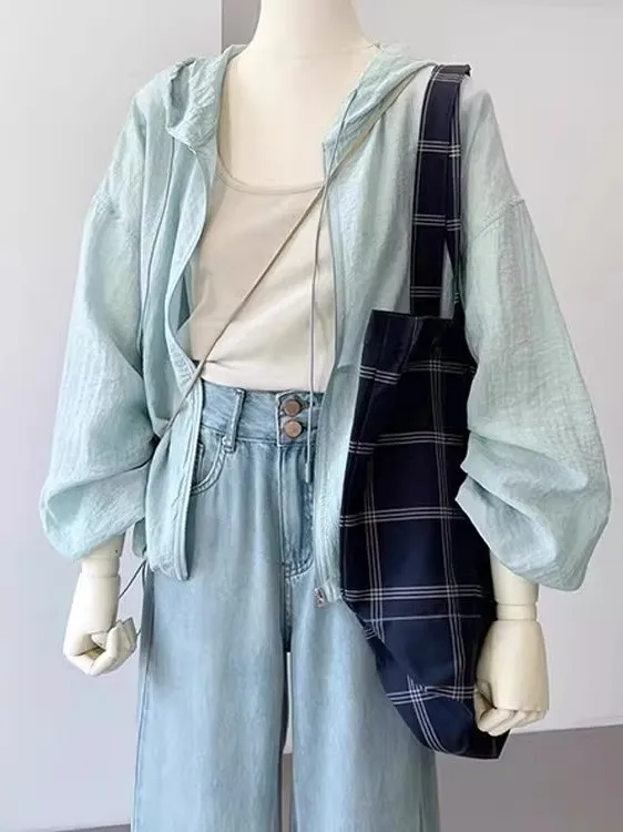 

Mint Wave Lightweight Hooded Sun Protection Jacket Women's Spring Summer Casual Fashion Air Conditioned Open Cardigan Top