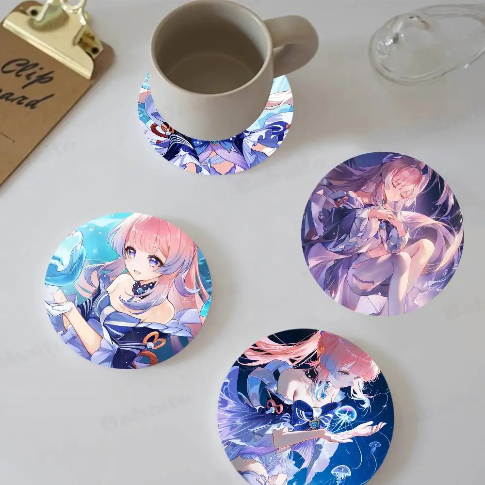 Sangonomiya Kokomi Genshin I-Impact Anime Wood Coaster Set - Heat Resistant for Tea & Coffee, Home Cafe Decor Holiday Gift