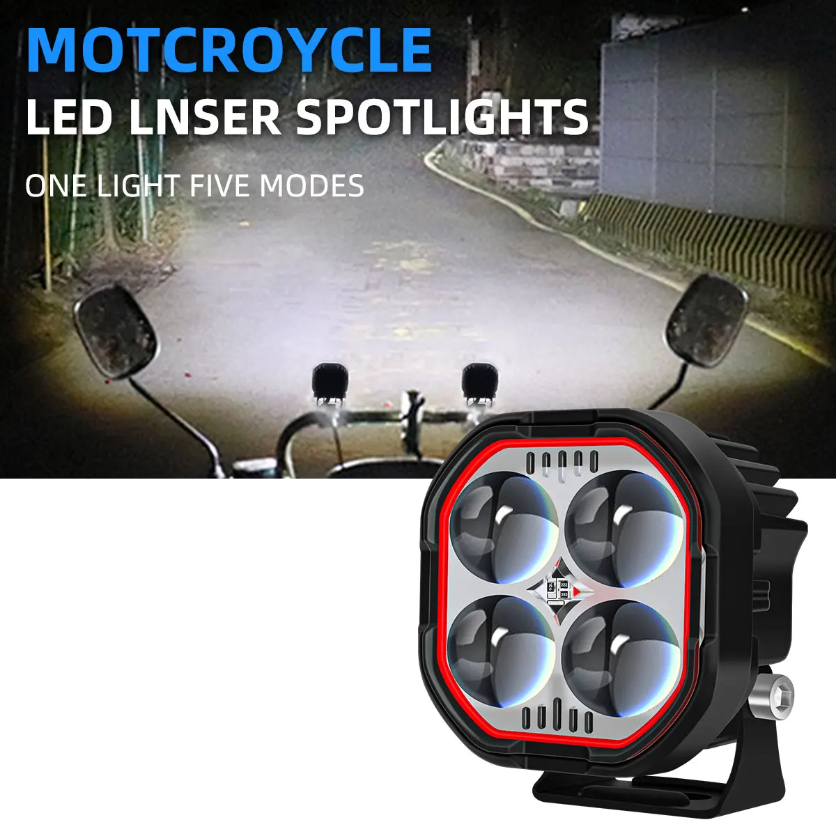 2Pc 4 Lens Motorcycle LED Spotlight 5 Modes White Yellow Strobe Red Demon Eye DRL Fog Driving Lamp 12V Motorbike Auxiliary Light
