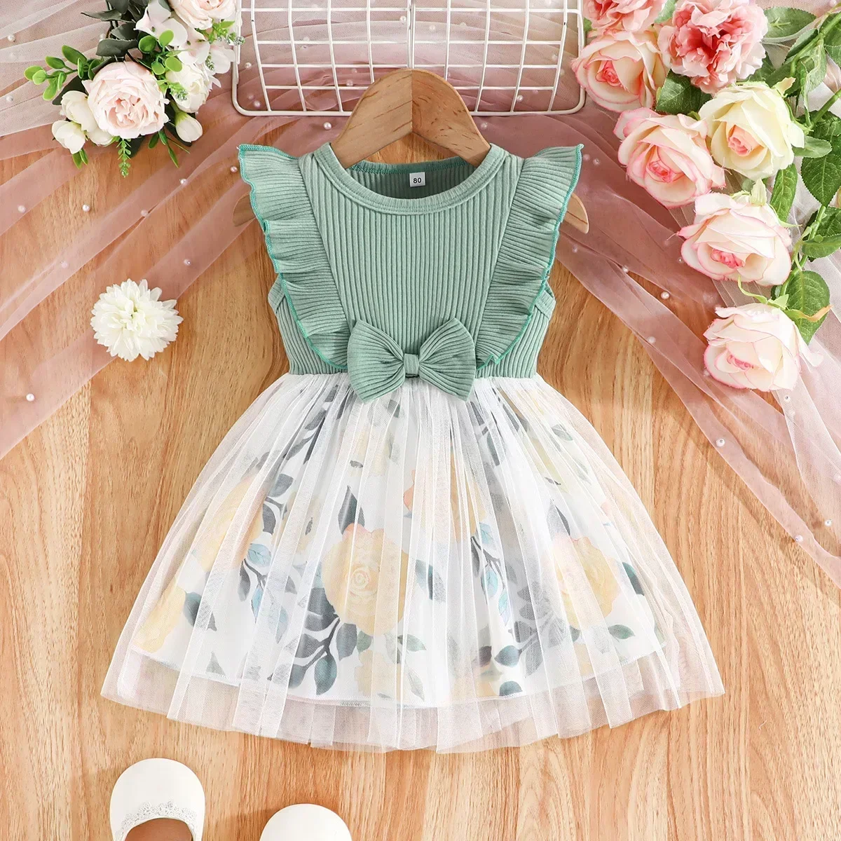 Baby Girl Dress for Summer New Solid Color Tutu Dresses for Lace Patchwork Dress for Flower Print Mesh 1-5Yrs Children\'s Clothes