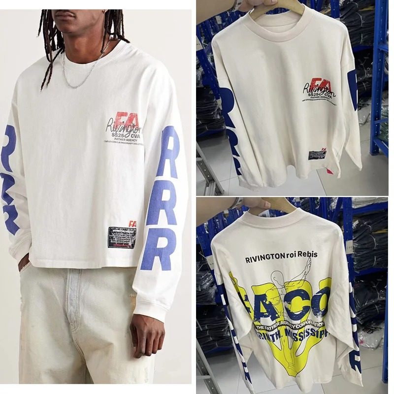 جميع المواسم خمر الاسمنت الأبيض قاعدة RRR 123 تي شيرت الرجال النساء خطابات شعار الكتابة على الجدران RRR123 بأكمام طويلة تي شيرت المتضخم المحملة