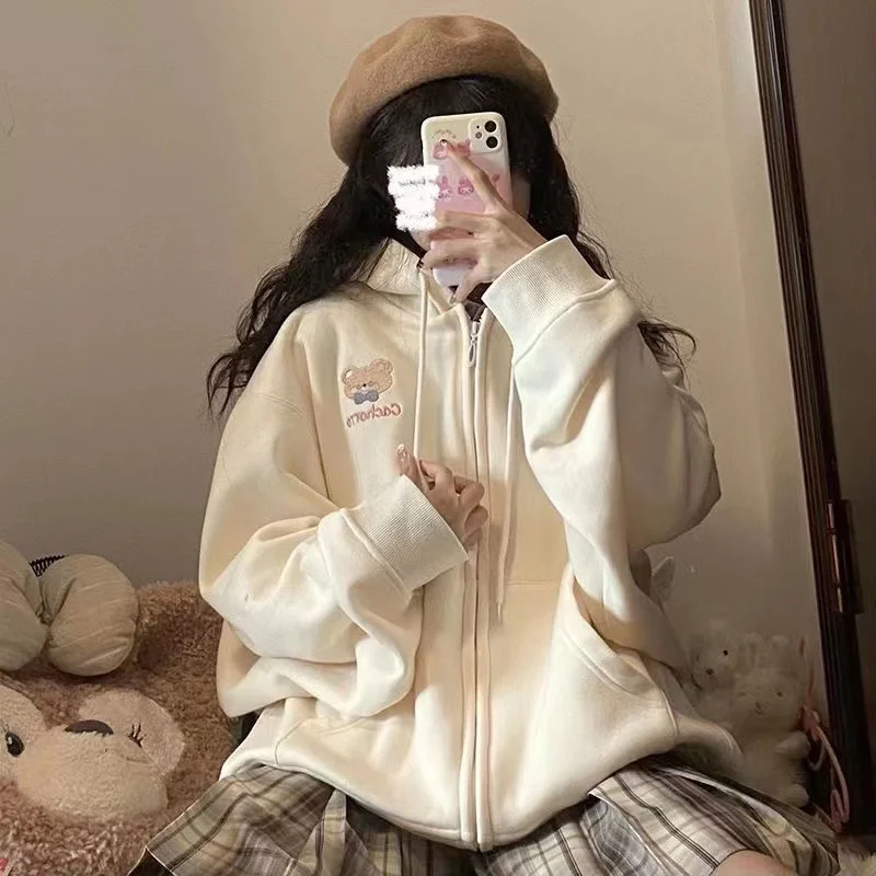 Kawaii Bear Hooded Jacket Women's Loose Casual Style Korean Version Autumn New Arrival Soft Girl Sweatshirt with Zipper