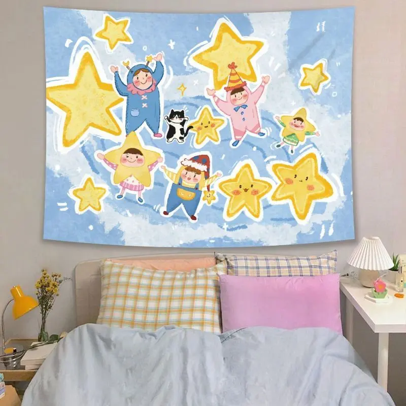 VIKAMA Cute Cartoon Kids and Stars Tapestry Wall Hanging Light Blue Sky Yellow Star Costume Aesthetic Wall Art Bedroom Decor