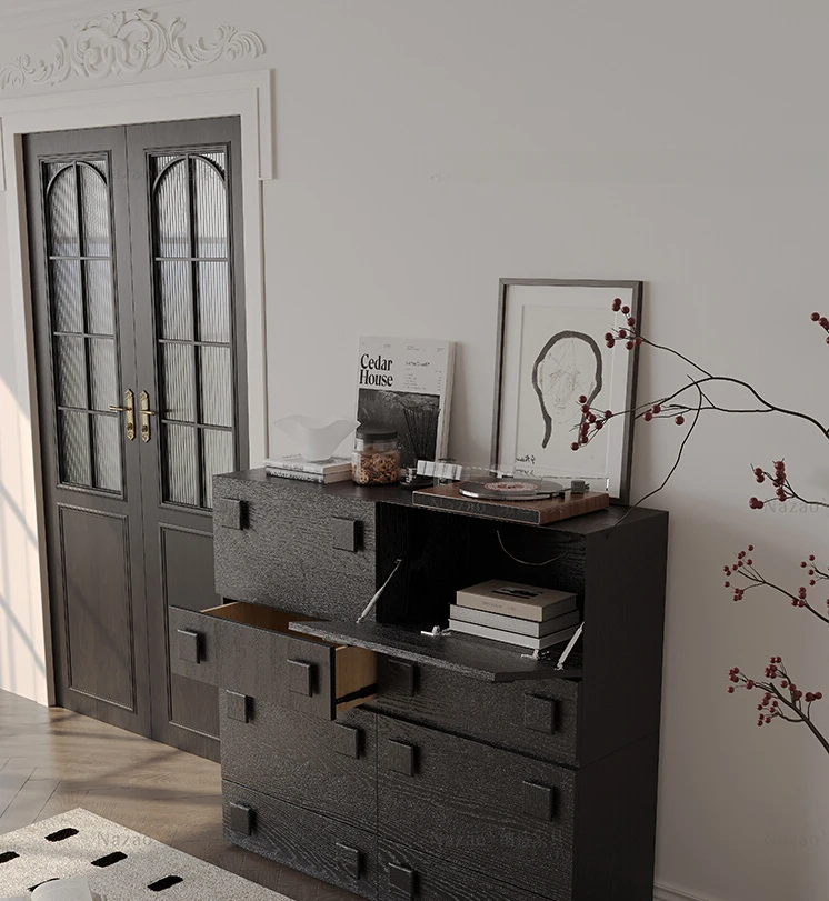 

French retro all-solid wood sideboard antique black porch cabinet in living room locker