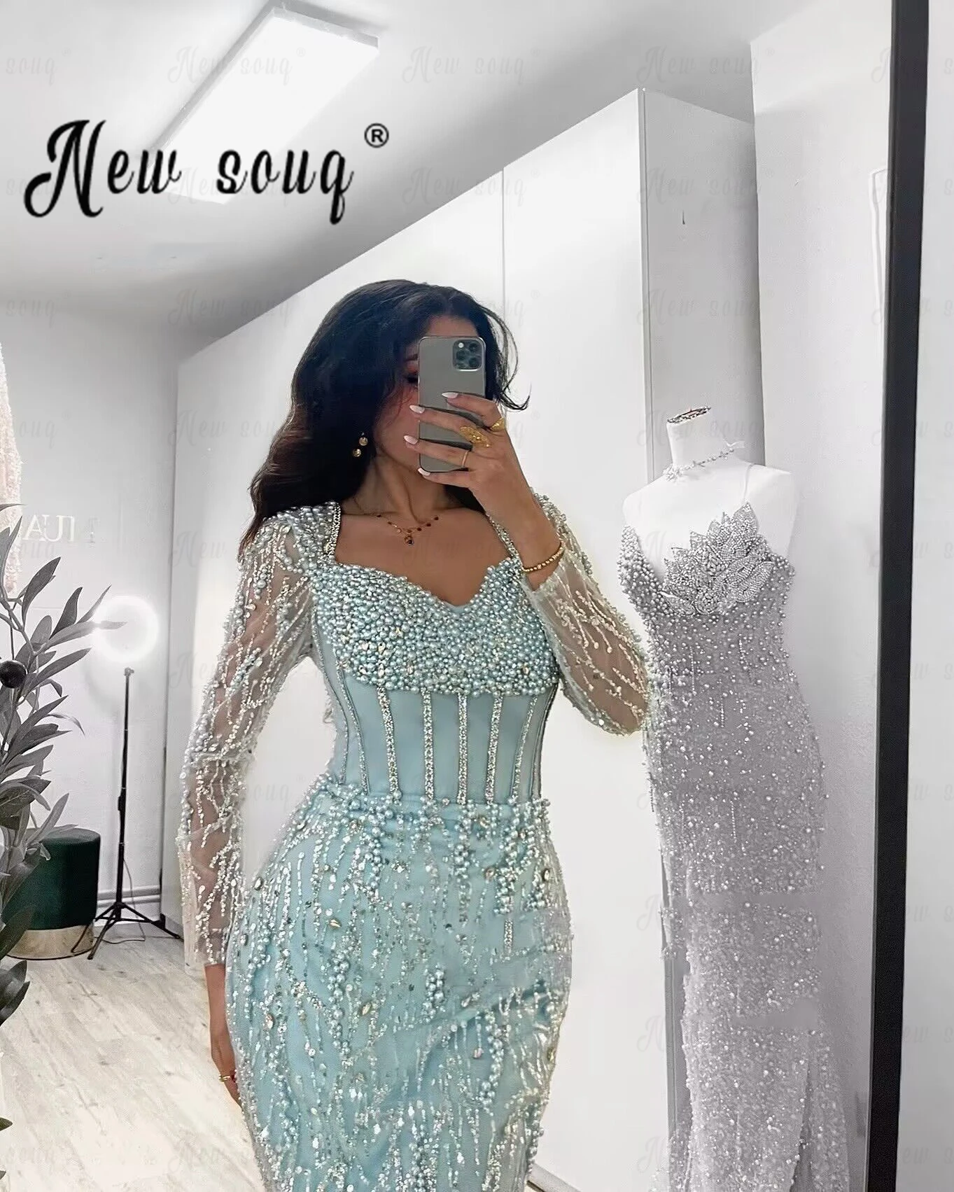 Mint Green Square Neck Cocktail Dresses Shiny Pearls Crystal Evening Dress Luxury Long Prom Gown Customized Robe De Mariée image 3