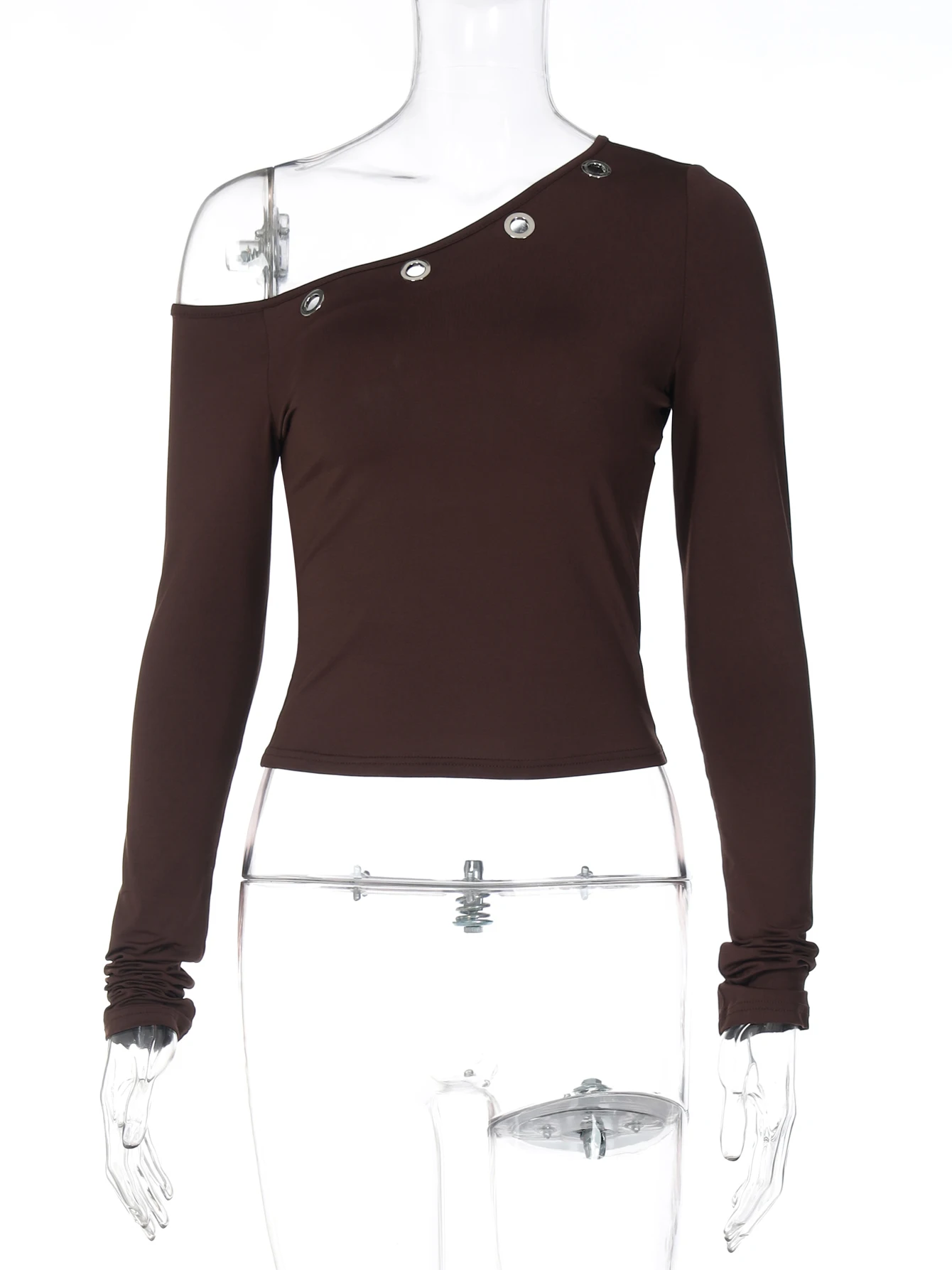 Dulzura الخريف أزياء مثير يميل الكتف طويلة الأكمام عارية الذراعين ثقوب تي شيرت المرأة عارضة تنوعا الشارع نمط الملابس Y2K