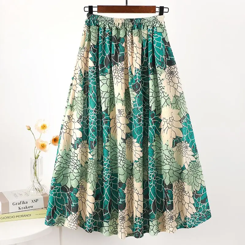 

Temperament Ethnic Style Summer New Women's Wear Elastic Waist Printing Pleated Fashion Versatile Loose High Waist A-line Skirts