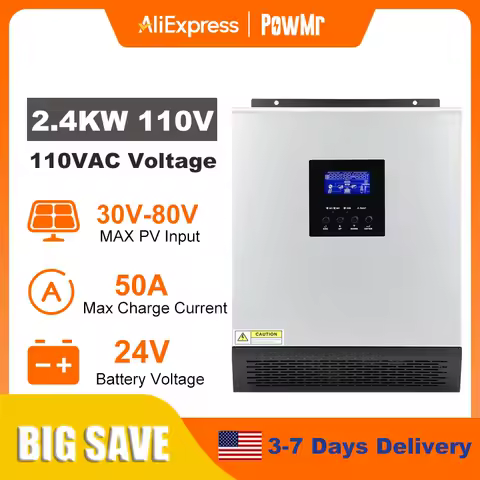 PowMr 2400W Hybrid Solar Inverter 24V 110V Pure Sine Wave Off Grid Inverter with PWM 50A Solar Charge Controller 50HZ/60HZ