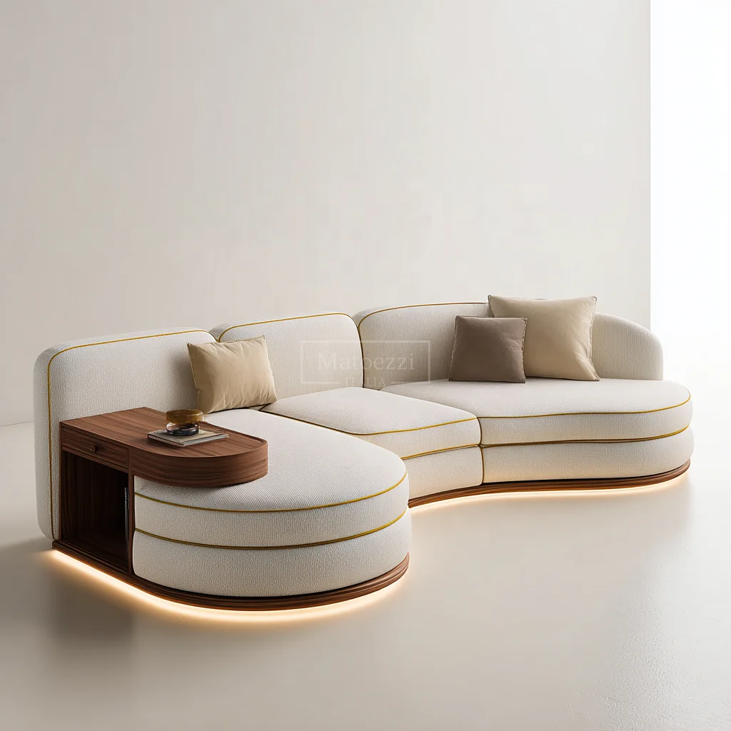 #Modern Curved Sectional Sofa Set Ambient Lighting And Side Storage Soft Upholstered Couch For Living Room
