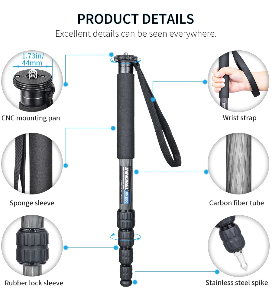 INNOREL RM255C Professionelles Carbonfaser-Einbeinstativ für Canon Nikon Sony DSLR-Kamera Videokamera 5-teilige Fotografiehalterung – Detail 4