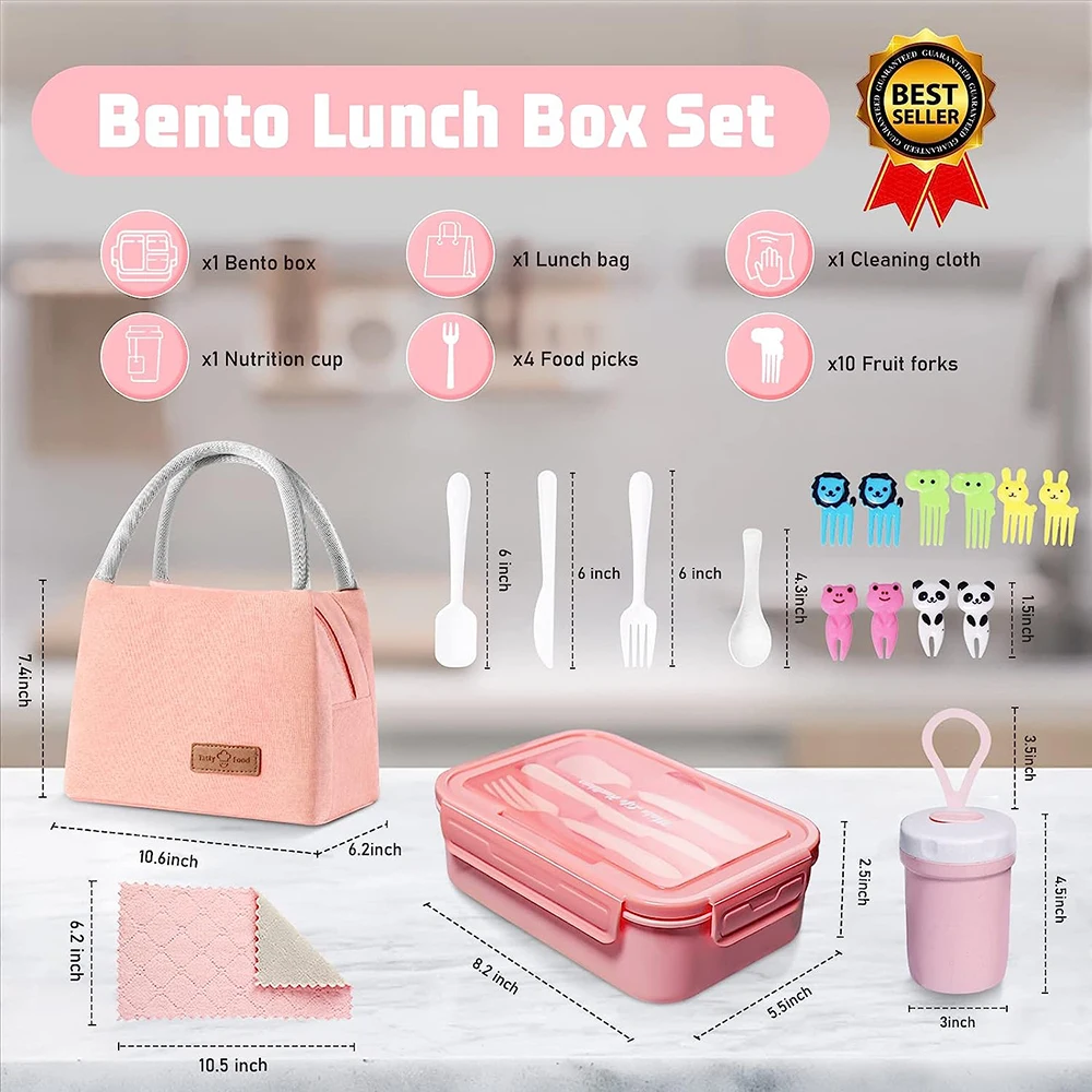 Bento Lunch Box Container Leak-proof Lunch Box For Kids Adults Teens School With 3 Compartments Cup Lunch Bag Spoon Fork