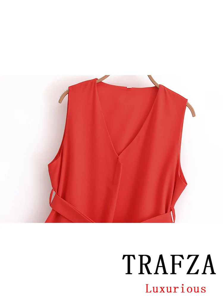 TRAFZA Vintage Casual Chic Red Women Dress Solid Sleeveless VNeck Sashes Pockets Mini Dress New Fashion 2024 Autumn Female Dress