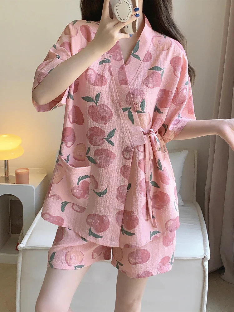 

Cute Cotton Spwear Women's Summer Japanese Kimono Robe ort Sve Large Size Home Clothes Set V-Ne Comfortable Lightwe...