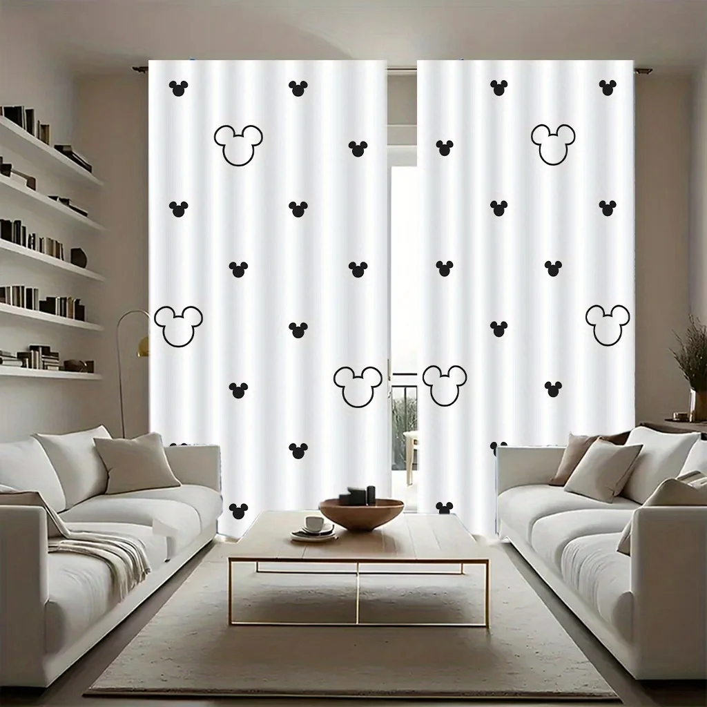 2pc Black and white Mickey Mouse patterned curtains, made of polyester, machine washable, suitable for bedrooms and living rooms