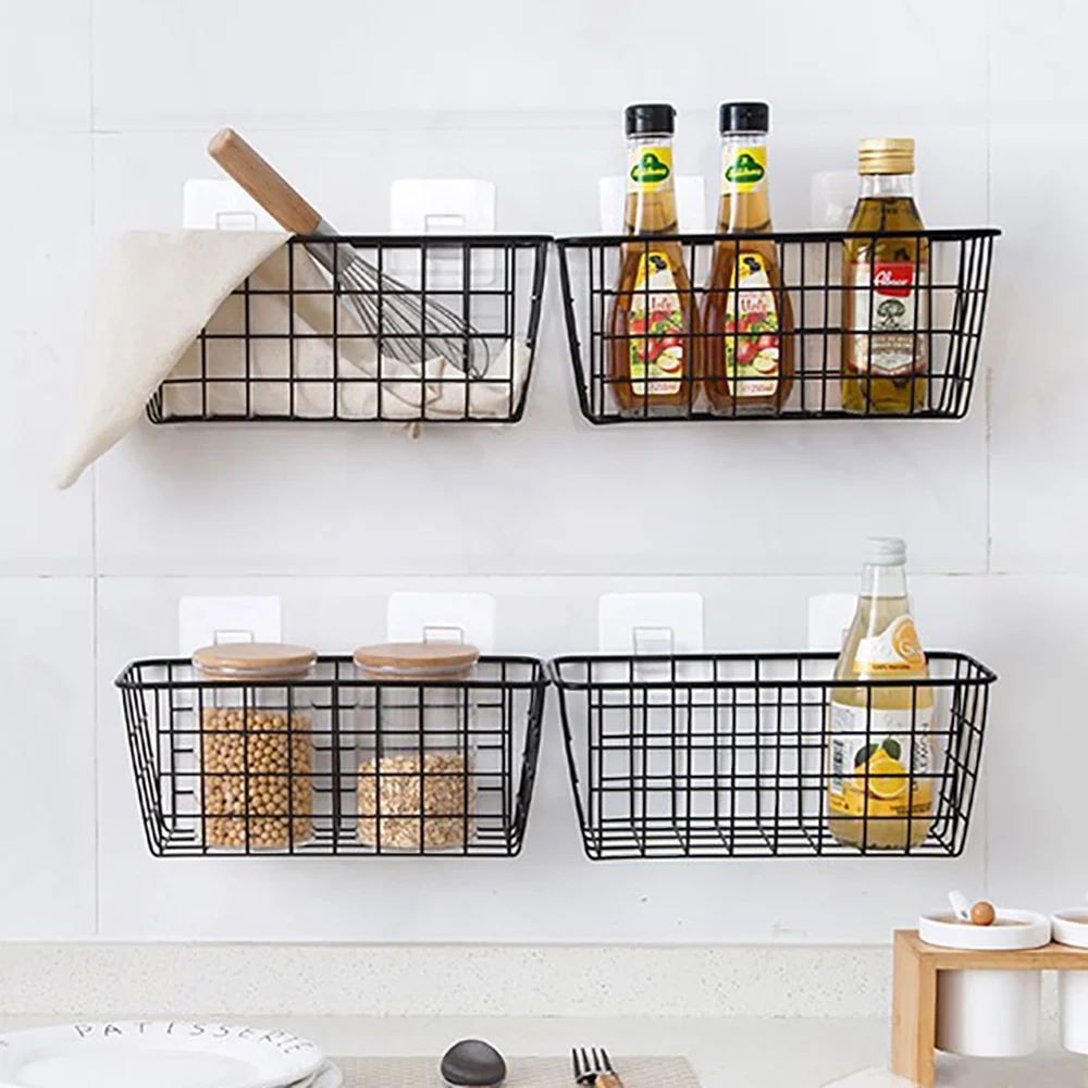 4x Wall Shelf Holder Shower Basket Without Drilling Kitchen Bathroom Shelf Black