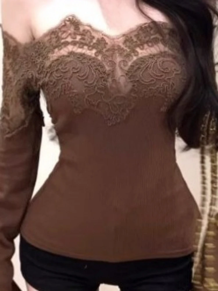 Y2k esthétique Sexy dentelle Patchwork hauts 2025 Streetwear automne Slash cou t-shirts femmes Grunge Harajuku manches évasées moulante t-shirts