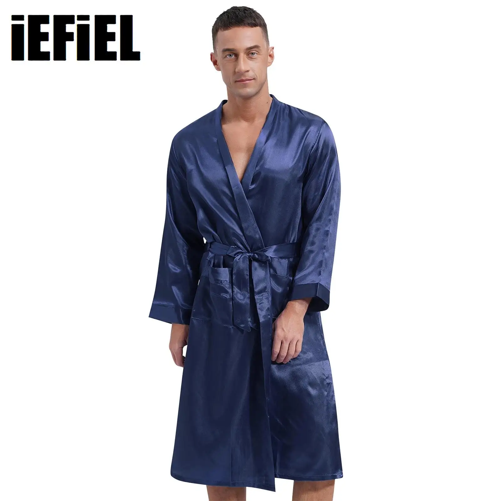 

Silky Satiny Robes for Mens Long Sleeve Open Front Bathrobe with Waist Belt Side Pockets Kimono Mid Robe Sleepwear Homewear