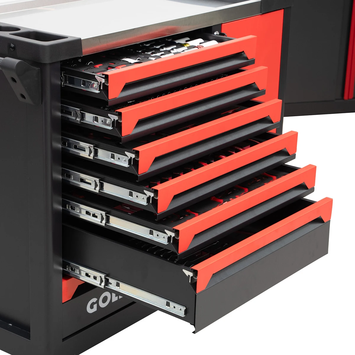 صندوق أدوات فولاذي أحمر قابل للقفل مكون من سبعة أدراج مكون من 258 قطعة مجموعة أدوات حديد شديدة التحمل مع باب لمتجر إصلاح السيارات ودعم OEM