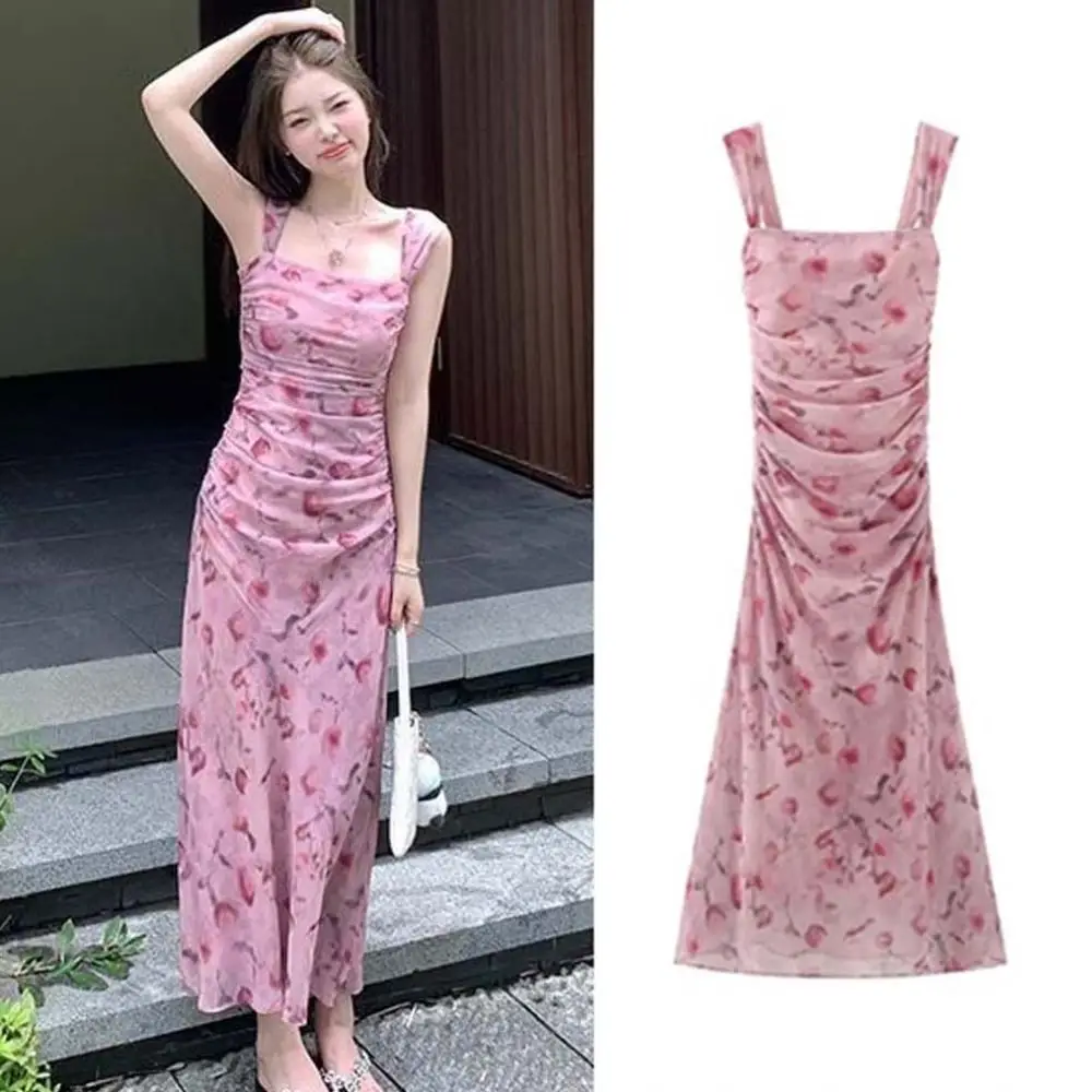 

Slim Fit Floral Slim Long Dress Flower Sleeveless Women Long Skirt Temperament Spicy Girl Korean Camisole Dress Spring Summer