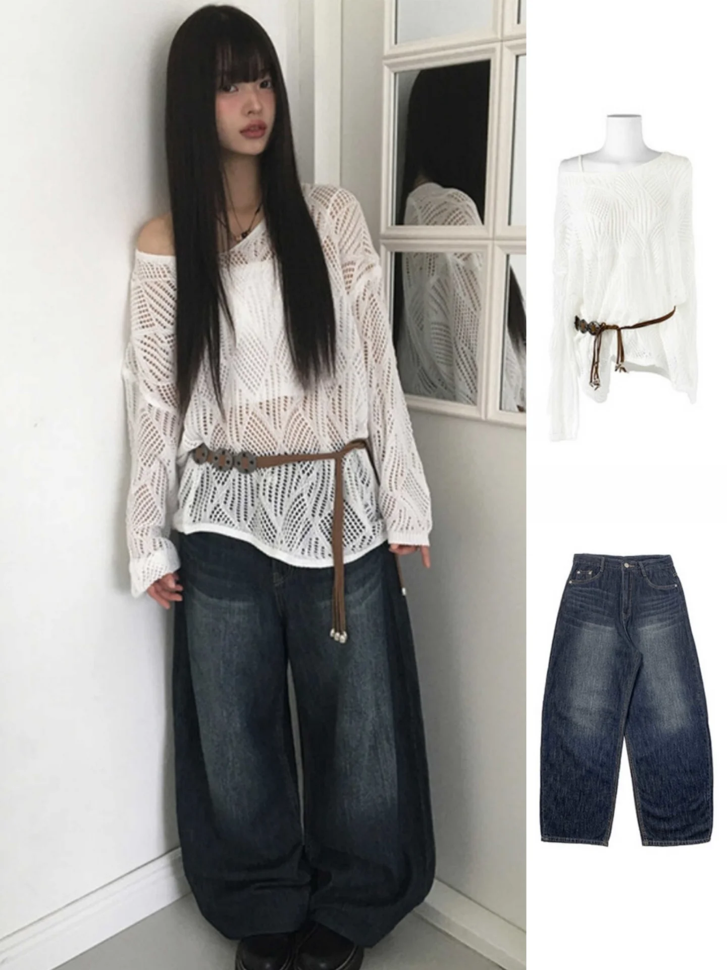 

Уникальный SEI, корейский летний свободный повседневный универсальный вязаный топ/джинсовые джинсы с талией, ажурный дизайн, поездка на работу, мода