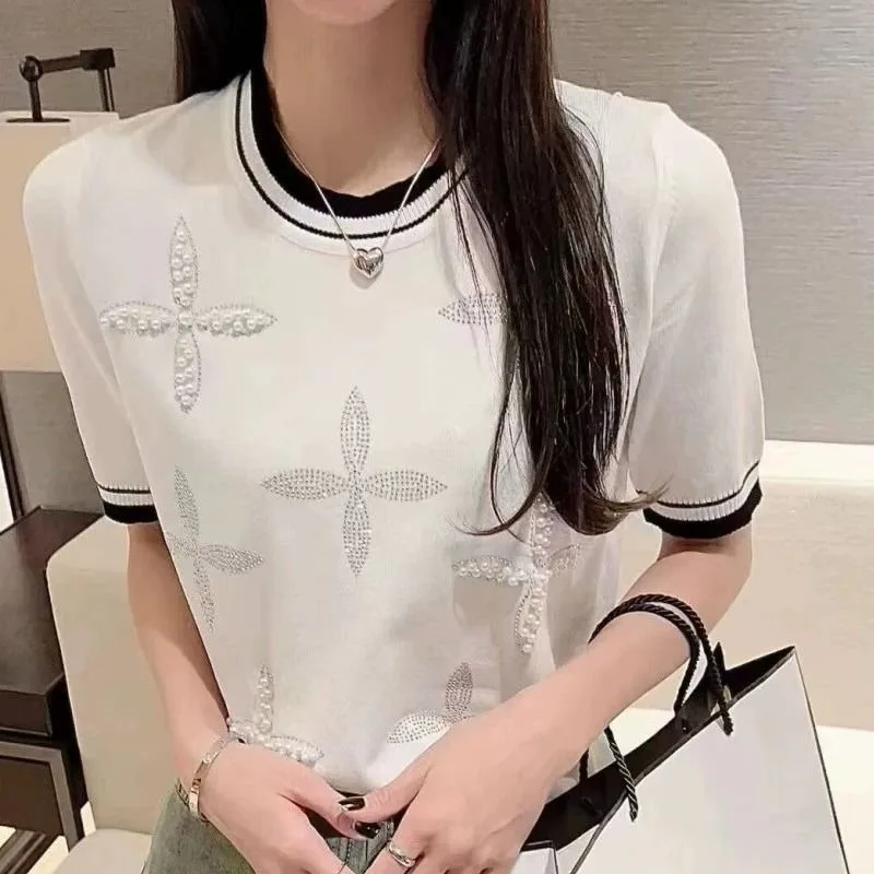

Top Women's Summer Crew Neck Ice Silk Short Sleeve Knit Top Beaded Rhinestone New Comfortable Minimalist Casual Niche Versatile