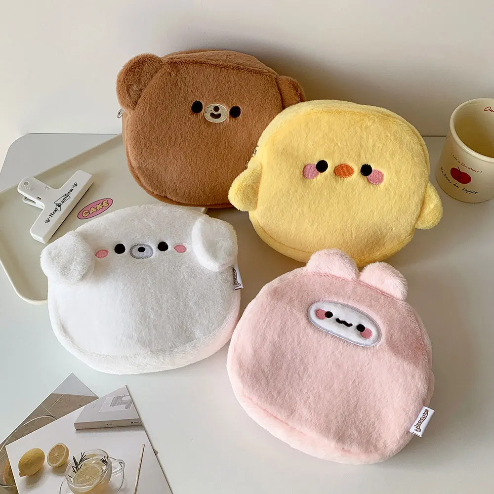 Cute Girl Cartoon Plush Makeup Bag, Chick and Bear Animal-Shaped Storage Bag, Student Skin Care Product Toiletry Bag