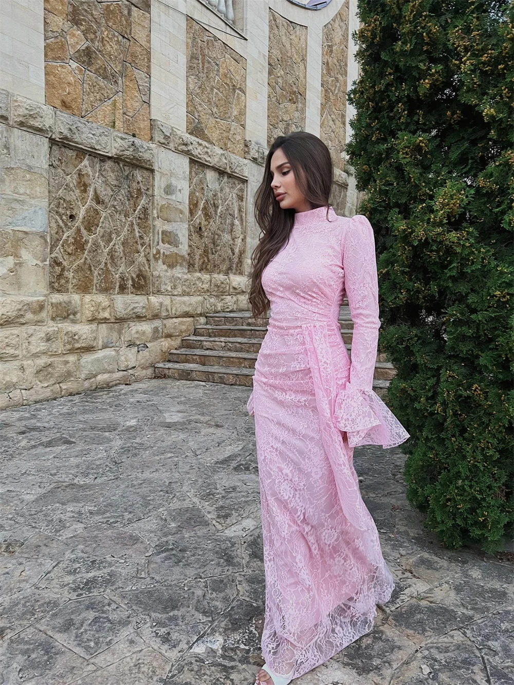 

Customized Mermaid Classic Lace Evening Dresses Exquisite High Collar Long Sleeves Celebrity Gowns Special Occasion Gowns